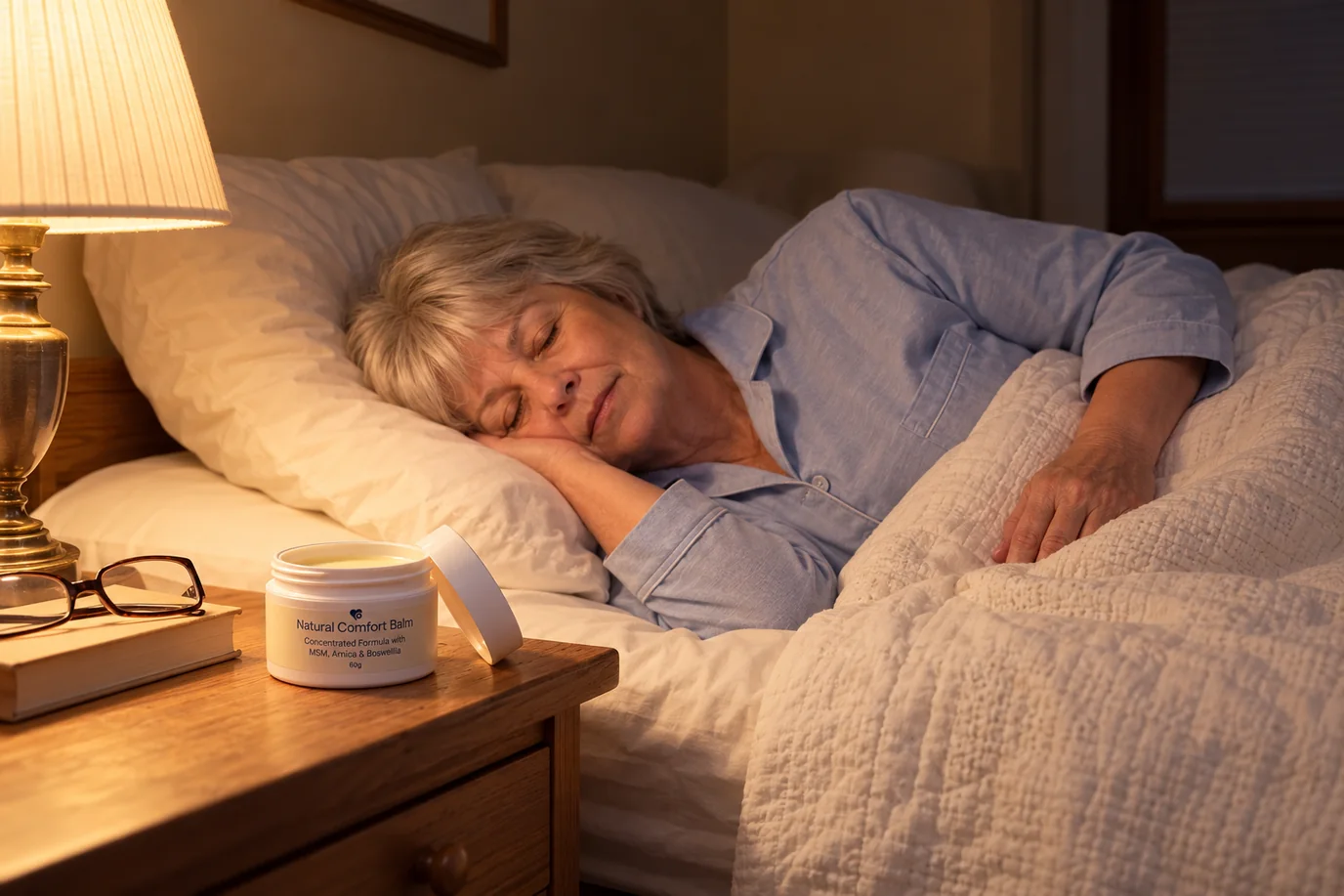 Linda asleep on her right side in blue pajamas, the jar of balm open on the nightstand next to her glasses, the lamp still on