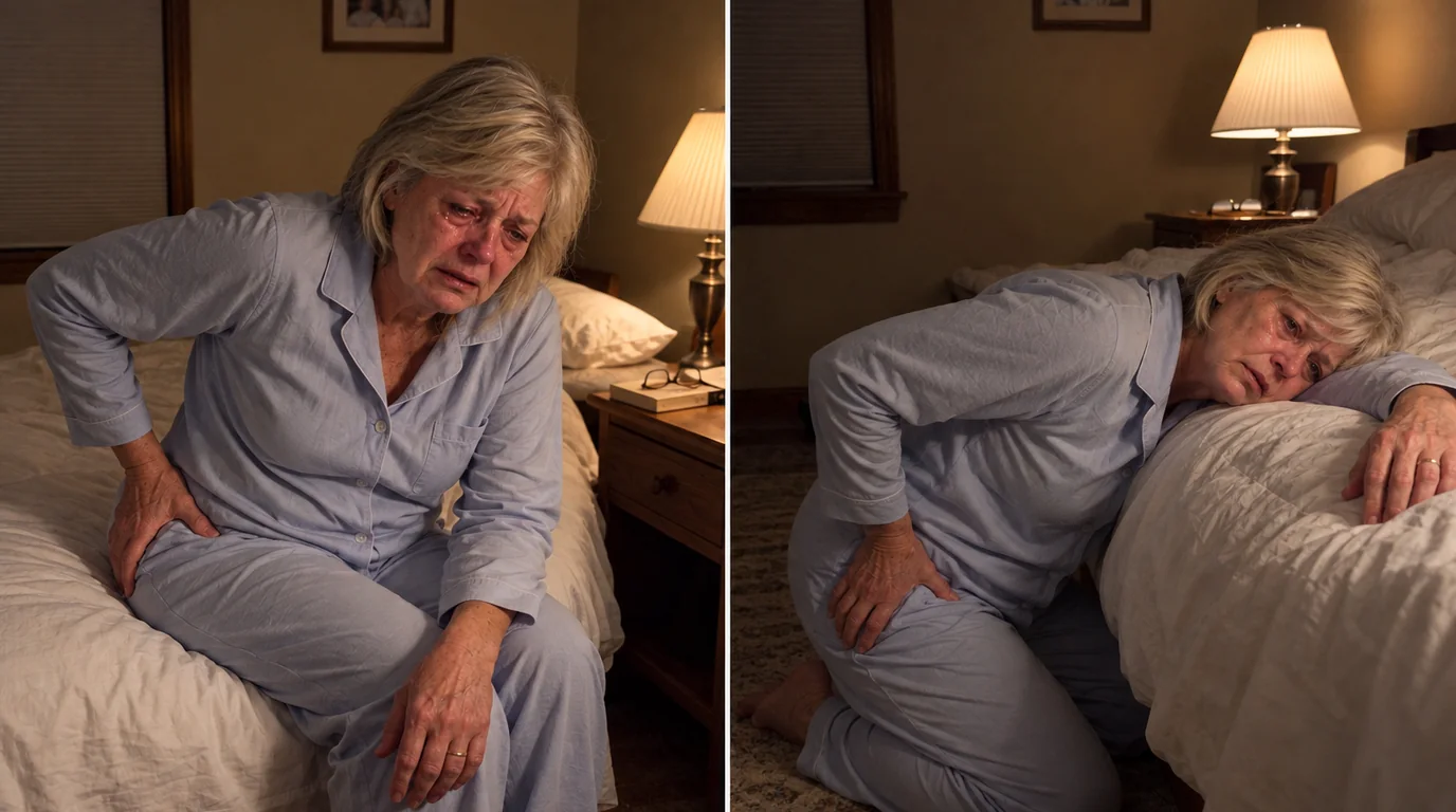 Two nights in her lamp-lit bedroom, side by side: in blue pajamas she sits on the edge of her bed crying, one hand on her hip; then she kneels on the floor, slumped over the bed, her hand still on her hip, worn out and scared
