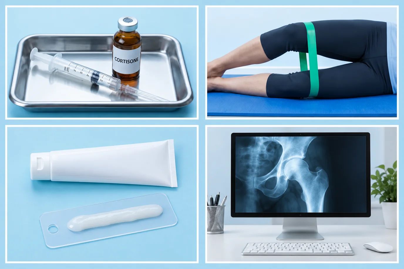 Four panels: a cortisone vial and syringe on a steel tray, legs doing a clamshell with a green band, a white gel tube with a strip of gel on its dosing card, and a hip X-ray on a computer screen