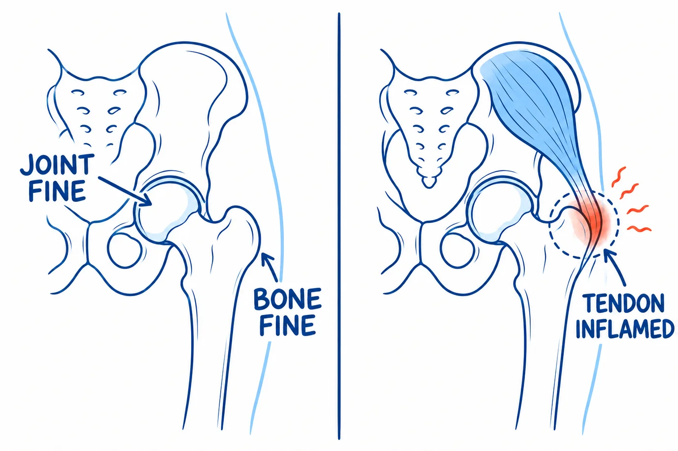 Hand-drawn diagram of the same hip twice: on the left the bones only, marked joint fine at the ball of the hip joint and bone fine at the bump on the side of the hip; on the right the same hip with a blue buttock muscle narrowing into its tendon over that bump, the tendon glowing red, marked tendon inflamed
