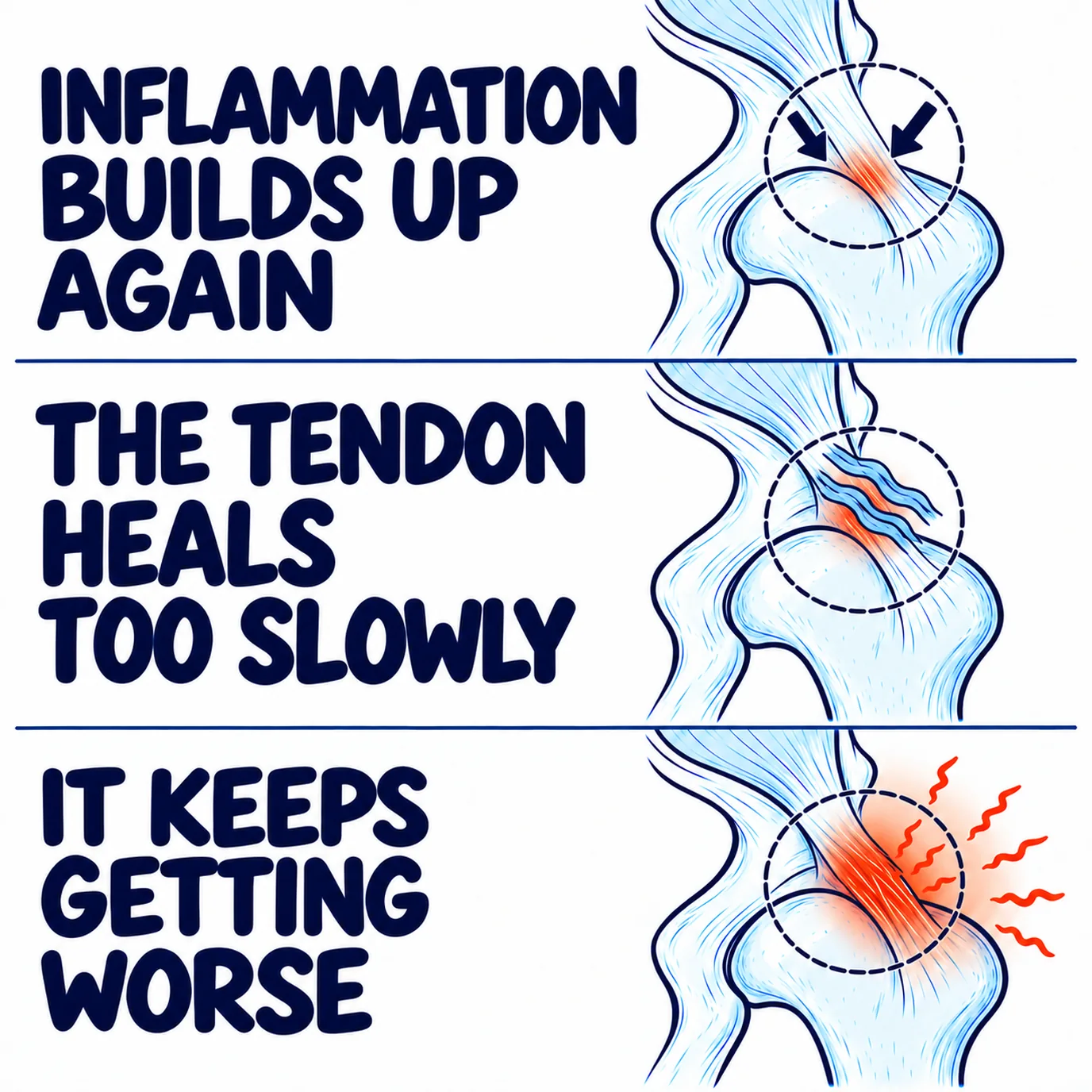 Drawing in three steps of the tendon on the hip bone: the inflammation builds up again, the tendon heals too slowly, and it keeps getting worse