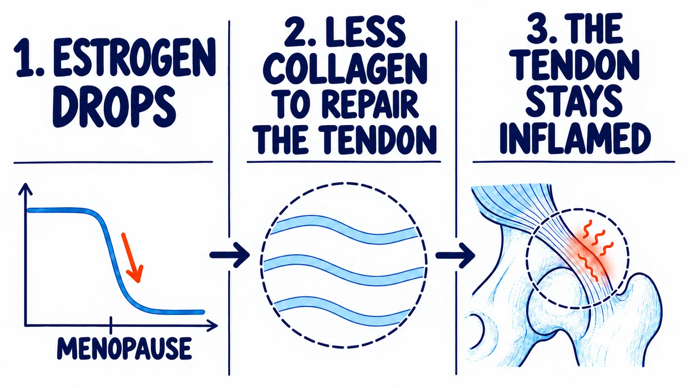 Drawing in three steps: estrogen drops at menopause, there is less collagen to repair the tendon, and the tendon on the hip bone stays inflamed