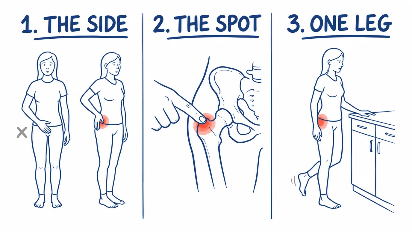 Three drawn steps of the self-test: the side of the hip where it hurts, a finger pressing the spot on the hip bone, and a woman standing on one leg holding the counter