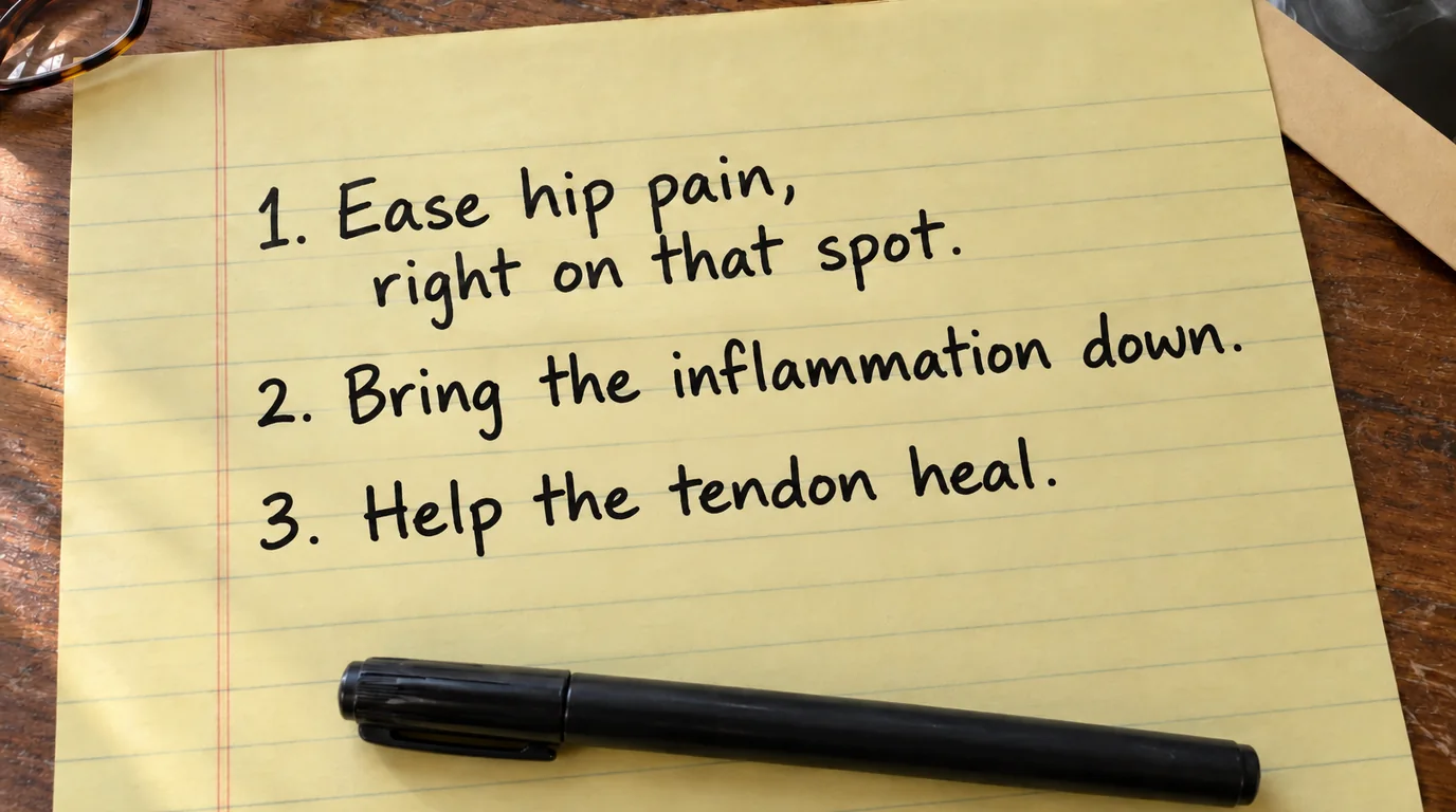 A yellow lined sheet on a wooden desk, with the edge of a pair of glasses and an envelope at the top, reads: 1. Ease hip pain, right on that spot. 2. Bring the inflammation down. 3. Help the tendon heal. A black felt-tip pen lies below the writing