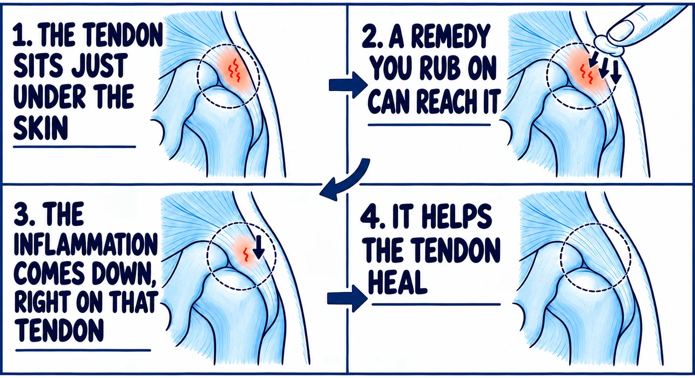 Drawing in four steps: the tendon sits just under the skin on the hip bone, a remedy you rub on can reach it, the inflammation comes down right on that tendon, and it helps the tendon heal