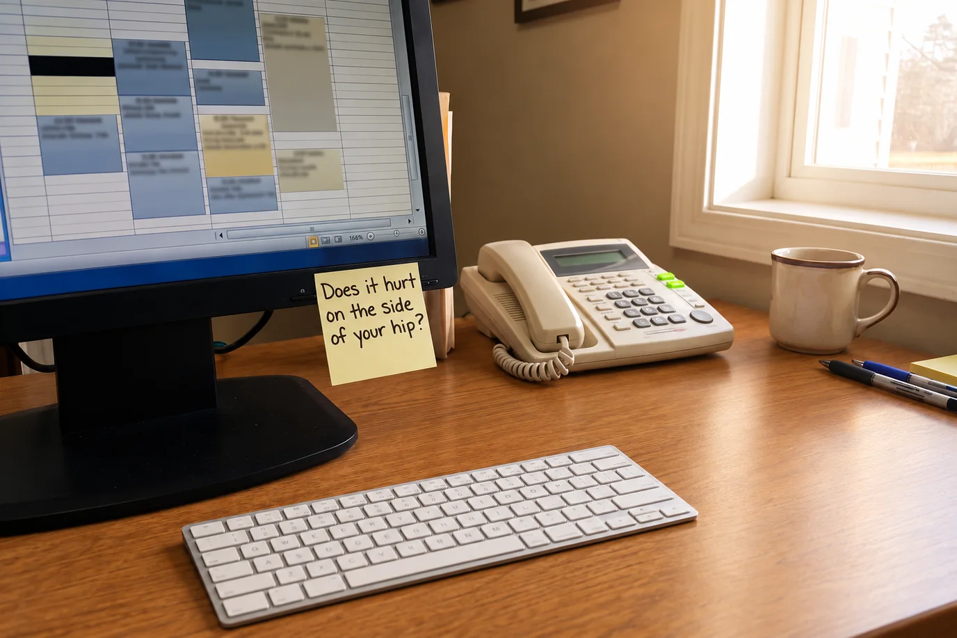 A clinic desk with the appointment calendar on the monitor, a desk phone with two line lights on, a keyboard and a sticky note asking: does it hurt on the side of your hip?