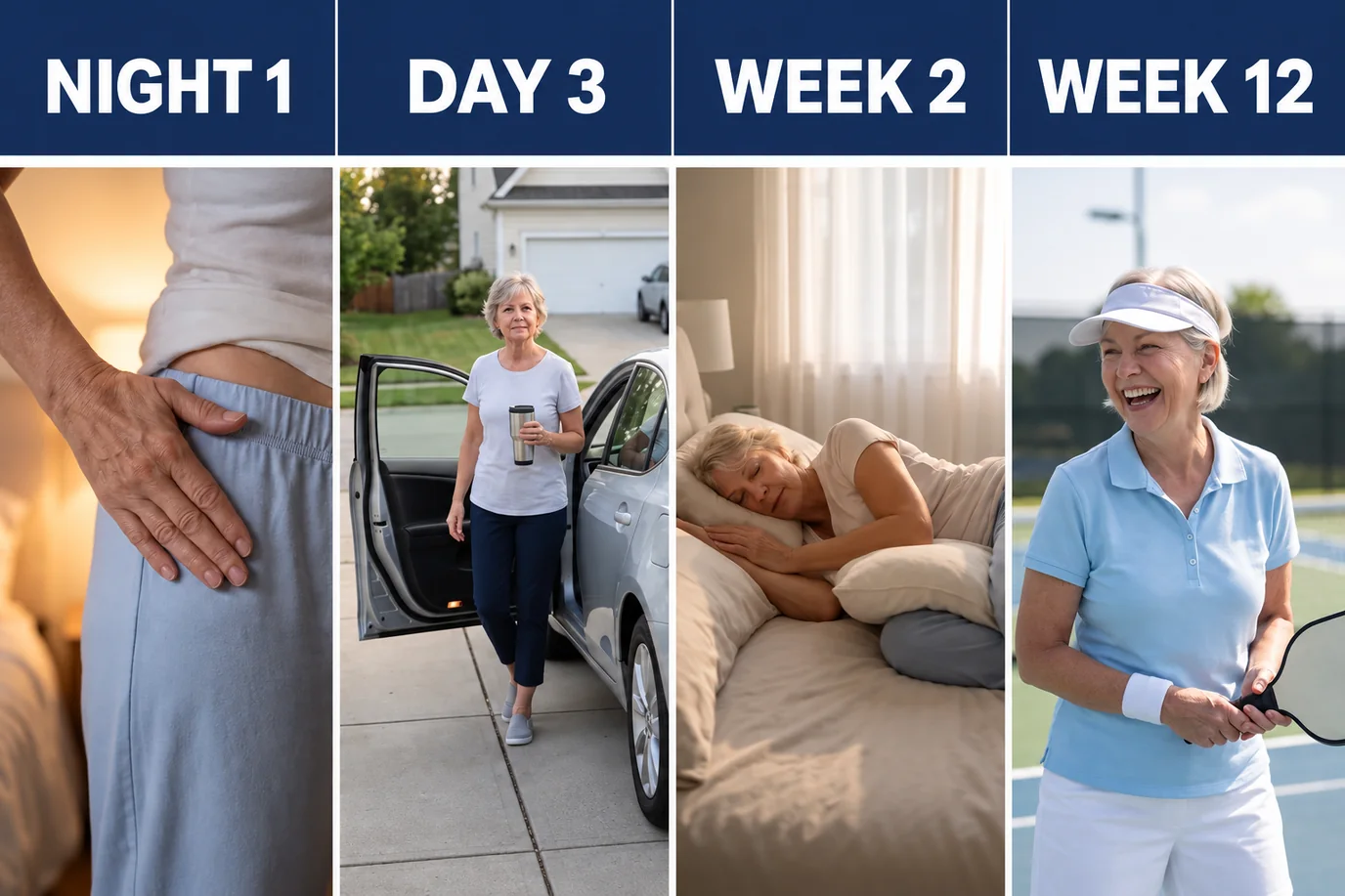 Four-panel timeline: night 1, a hand on the side of her hip at bedtime; day 3, a woman with short ash-blonde hair stepping out of her car with a travel mug; week 2, the same woman asleep on her right side; week 12, the same woman laughing on the pickleball court in a white visor