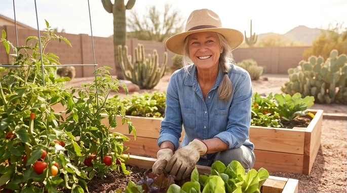 Carol, a smiling woman in her sixties in a straw hat, denim shirt and gardening gloves, kneeling at her raised garden beds with cactus behind her