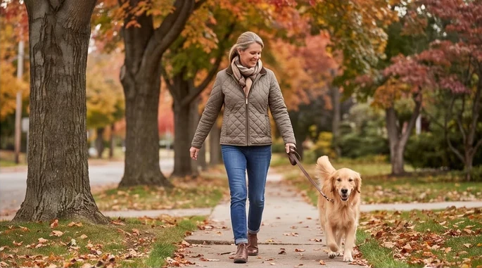 Janet, a woman in her sixties in a quilted jacket and jeans, walking a golden retriever on a leash down a sidewalk under autumn trees