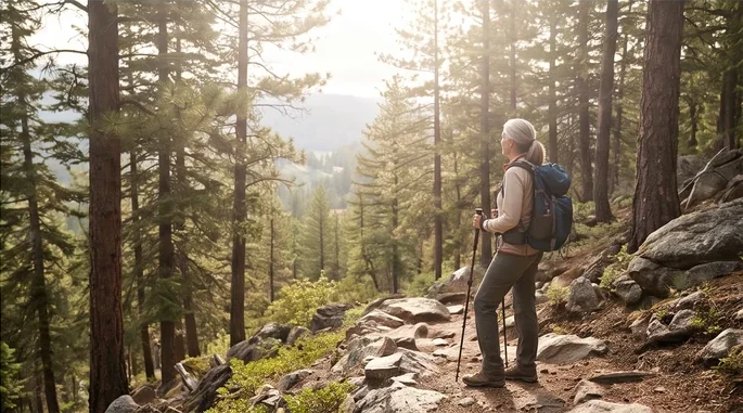 Peggy, a gray-haired woman with a backpack and hiking poles, walking down a rocky trail through pine trees