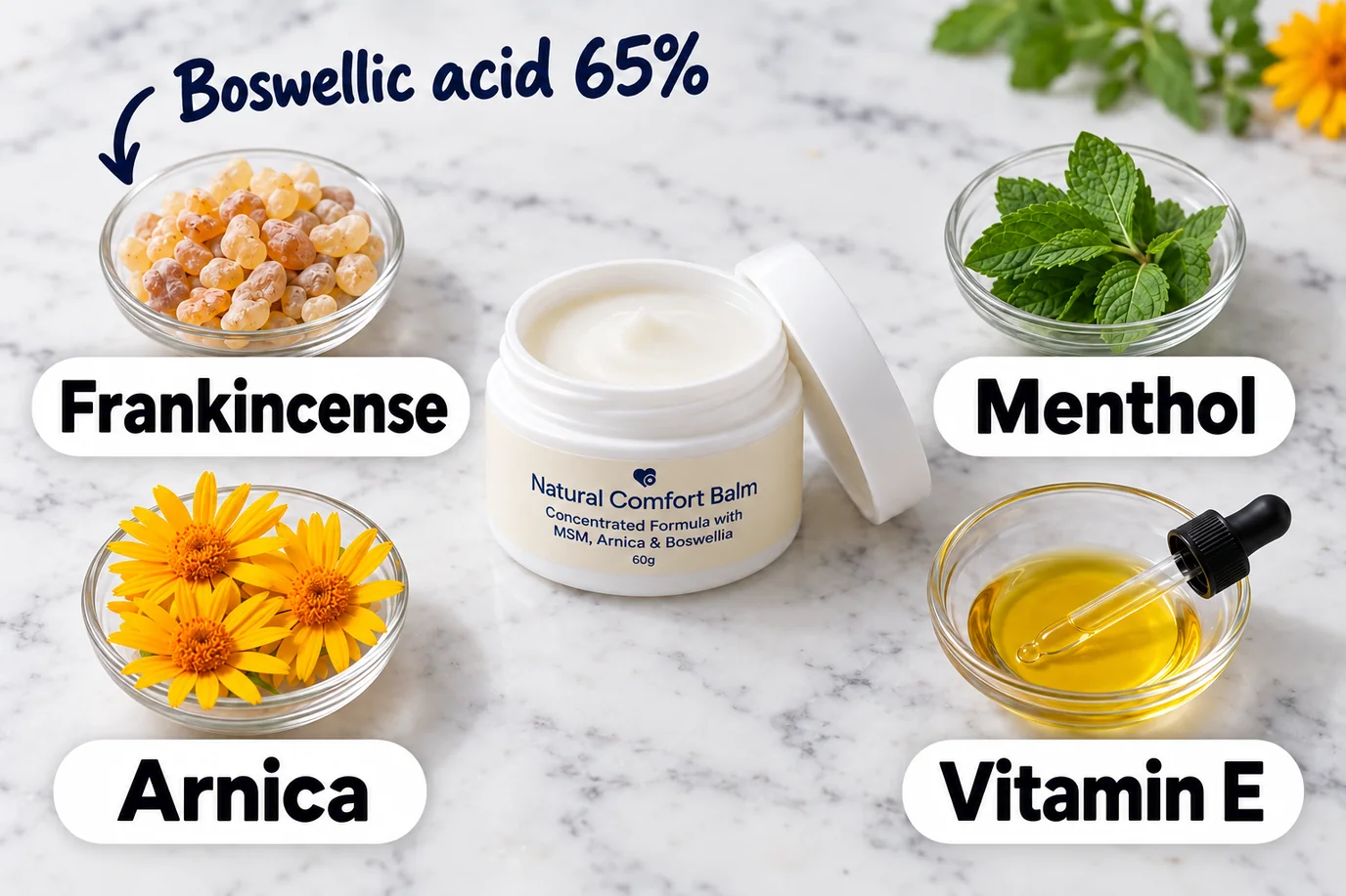 An open jar of Nurovita Natural Comfort Balm on white marble with four glass dishes around it, each with its name: frankincense resin, fresh mint for menthol, yellow arnica flowers and vitamin E oil with a dropper. Above the frankincense: Boswellic acid 65%, with an arrow to it
