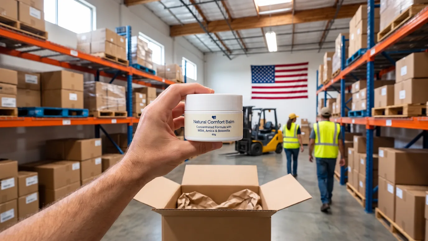 A hand holds up a small jar of Natural Comfort Balm in a warehouse with shelves of boxes, two workers and an American flag, an open shipping box below
