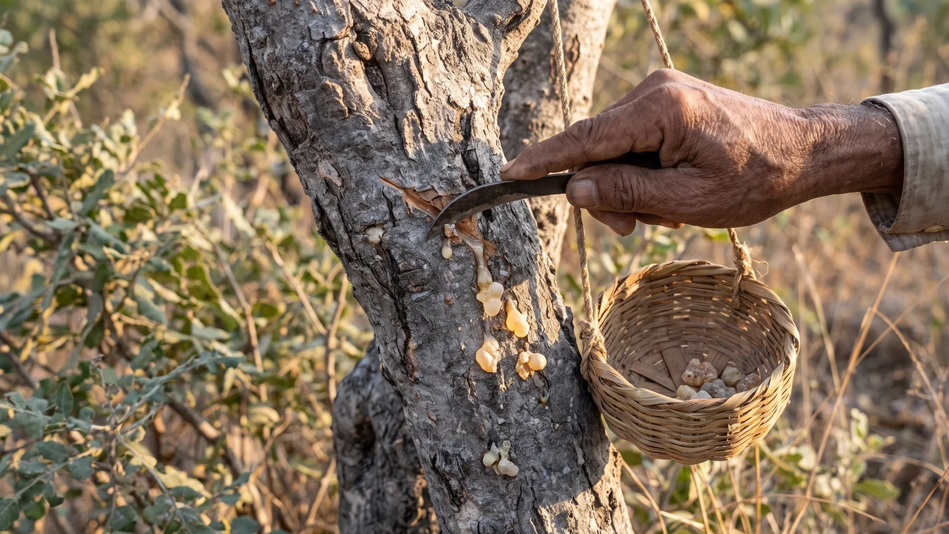A weathered hand scrapes frankincense resin from a tree trunk with a small knife into a woven basket