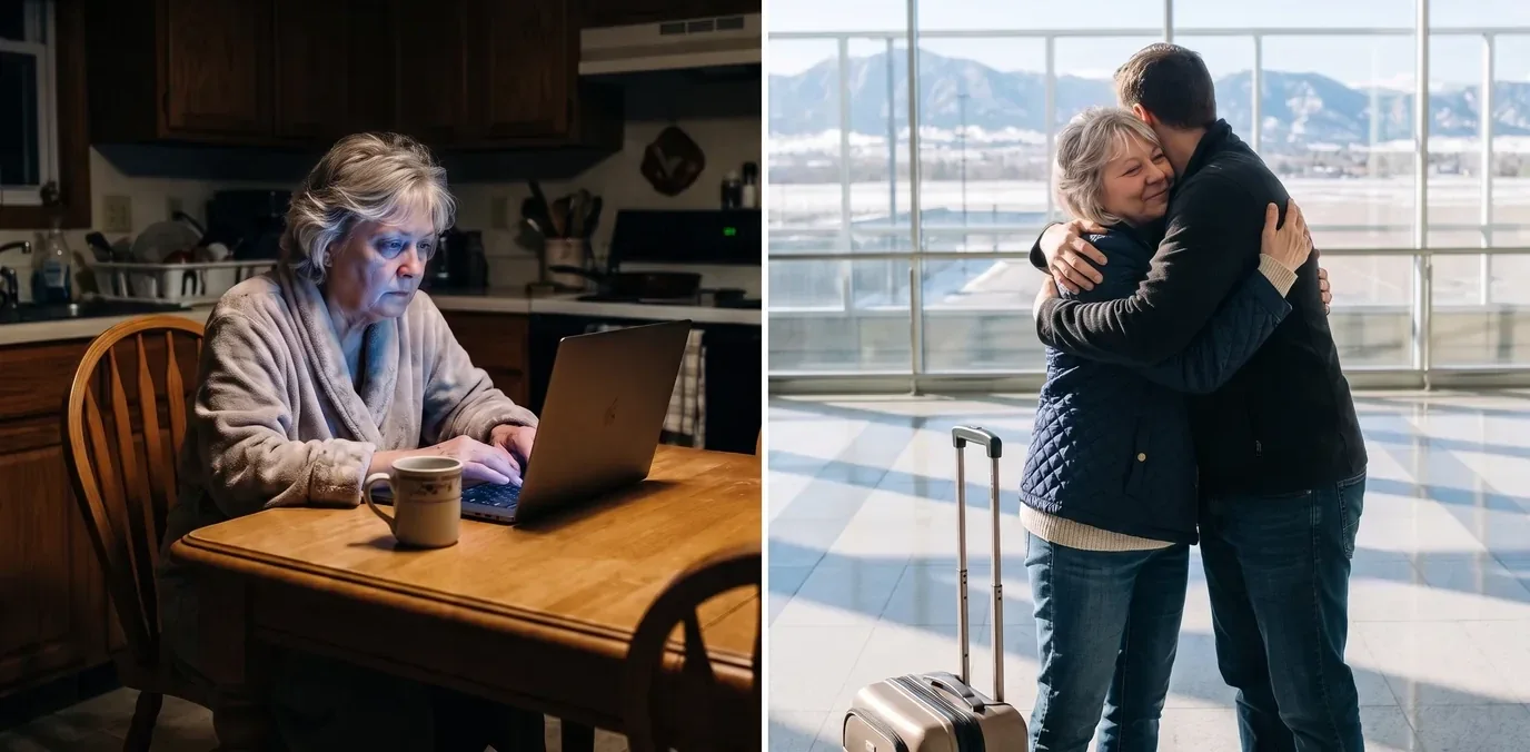 Path 1: a woman with short ash-blonde hair alone at her kitchen table at night with a laptop and a mug. Path 2: the same woman hugging her grown son in the airport arrivals hall, a suitcase at their feet