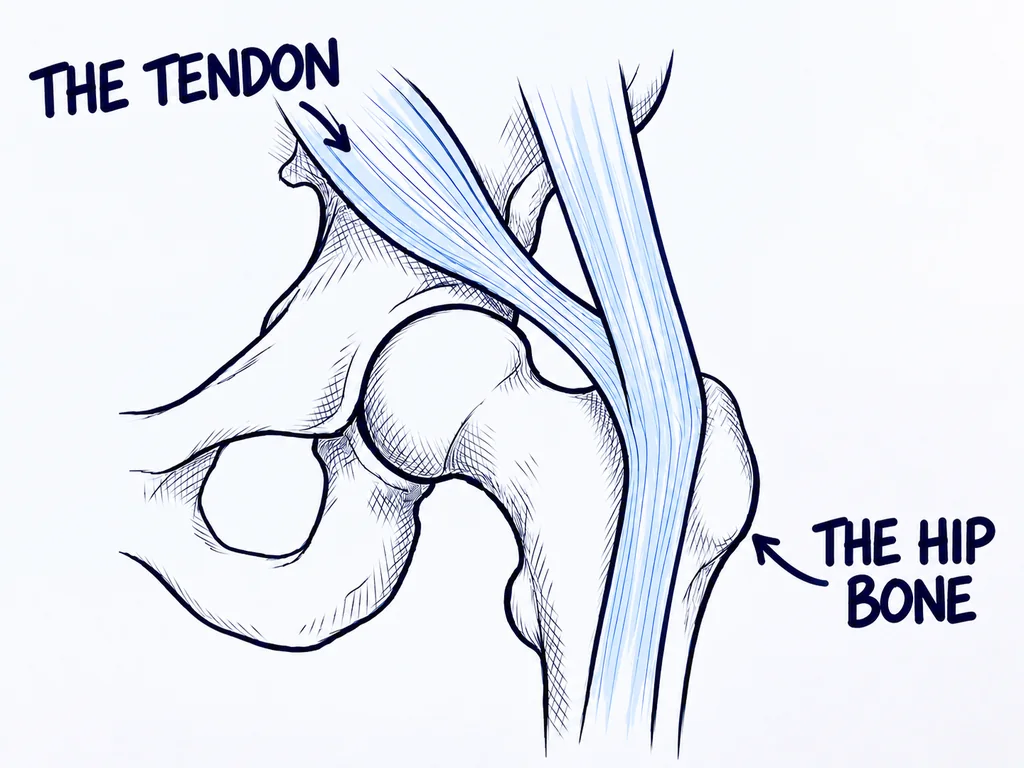 Drawing of the same hip, the tendon healthy and smooth, with no redness