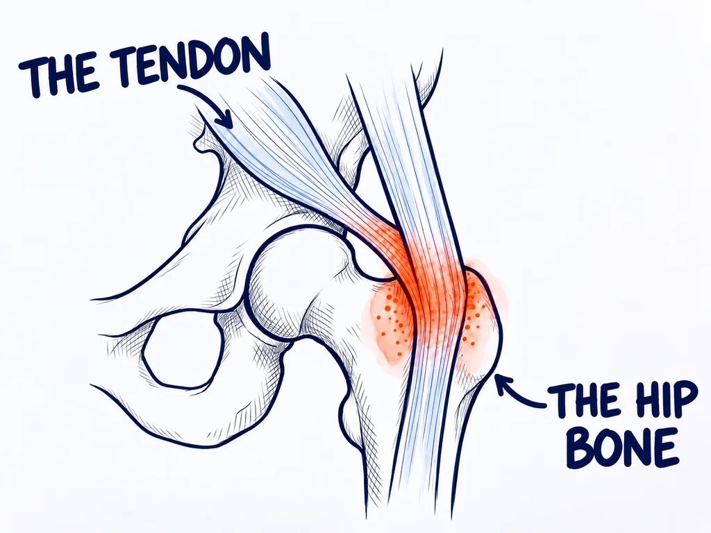 Drawing of the tendon on the side of the hip, red and inflamed where it lies on the hip bone